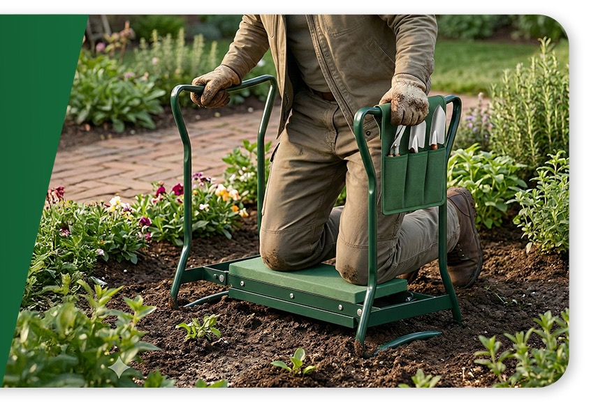A gardener pushing up with both hands on the kneeler's sturdy side arms