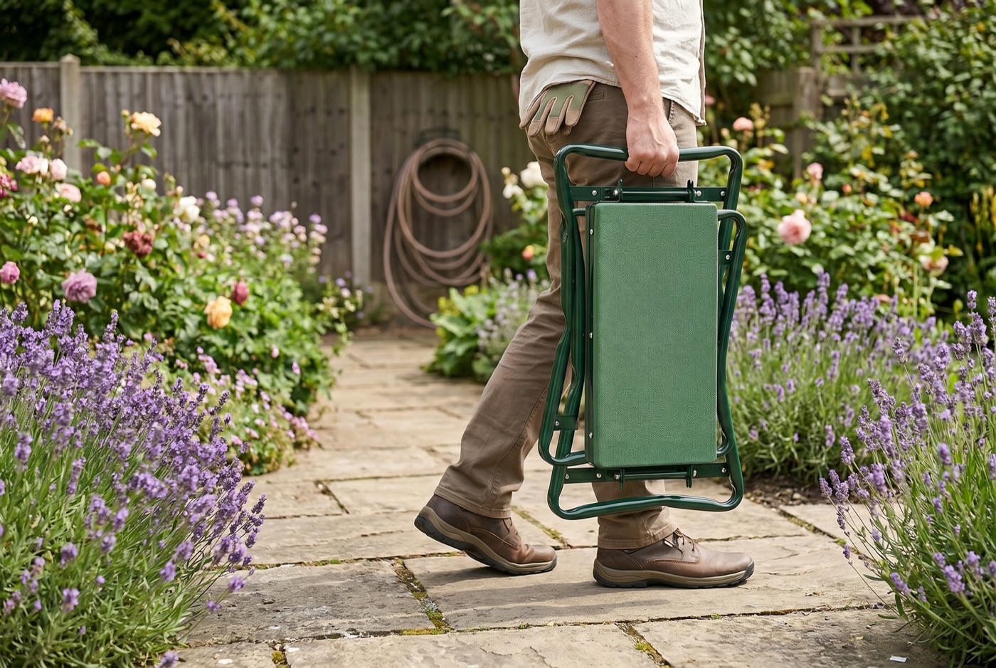 The kneeler folded flat and carried easily in one hand down a lavender-lined garden path