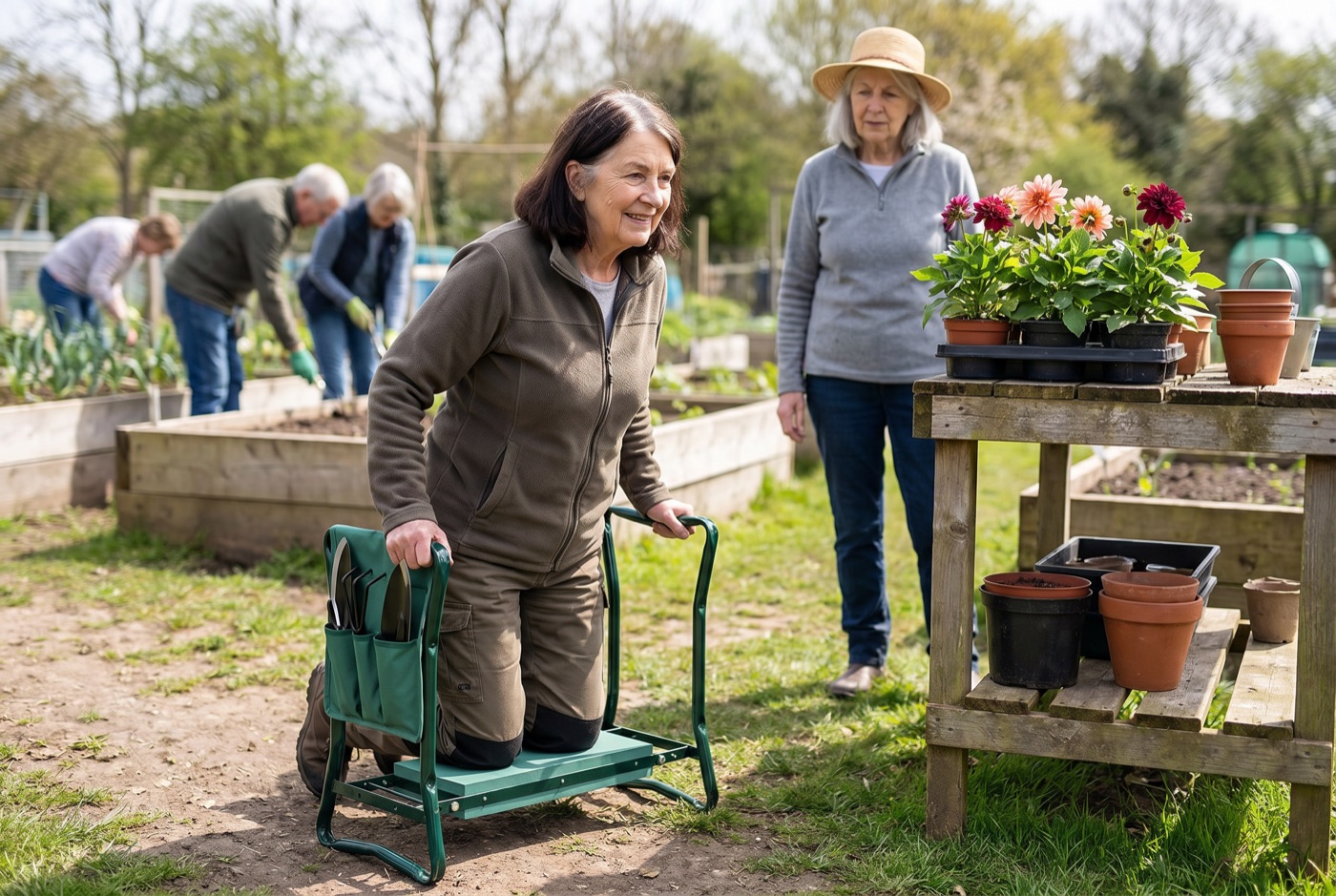 An older gardener rising easily from the green kneeler at an outdoor garden club, hands on its side arms, while another gardener looks on