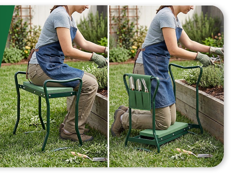 The same frame used two ways — sitting on it as a seat, and kneeling on the padded side