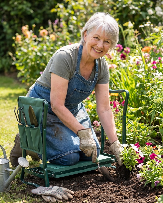 A woman kneeling on the padded green kneeler while planting out bedding